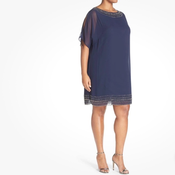 Xscape Embellished Split Sleeve Chiffon Shift Dress Navy Size 18W Cocktail - Picture 2 of 15